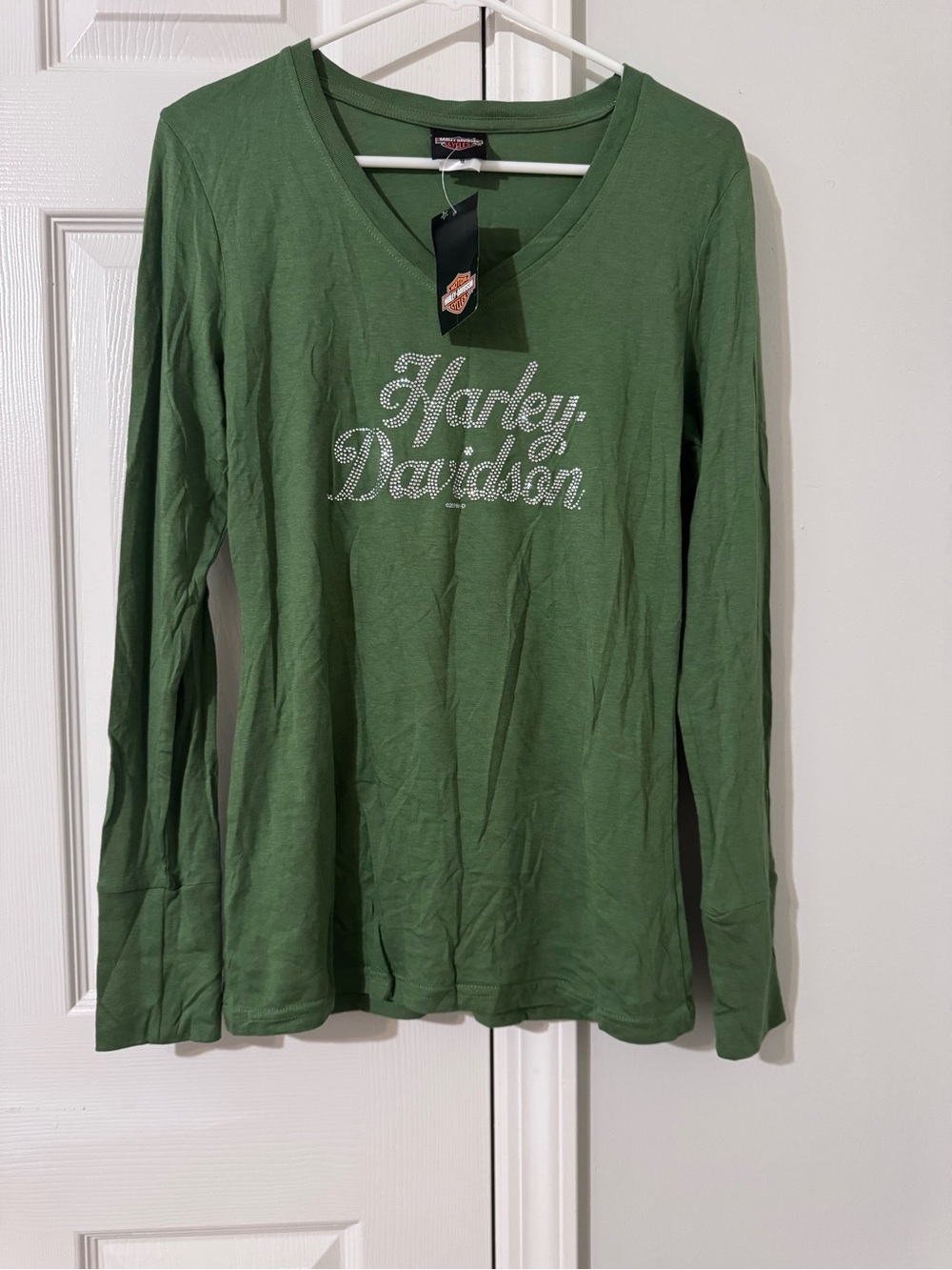 NWT Harley-Davidson Olive Green Long Sleeve V-Neck Top with Rhinestone Logo